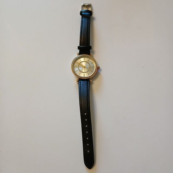 Women's Gold Tone Dial Black Buckle Band Analog Quartz Watch Rhinestone Accent - Picture 1 of 16